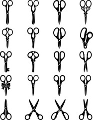 Set of black scissor icons in different shapes and styles isolated on white background, professional cutting tools for design and editing