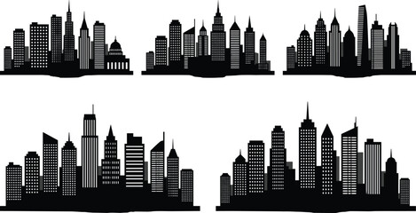 Fototapeta premium Set of modern city skyline silhouettes with tall urban buildings and skyscraper architecture, black vector cityscape design for background