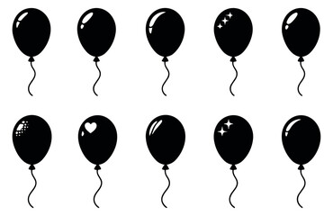 Clean black balloon icon set featuring various festive shapes with shine and decorative elements for parties and celebrations