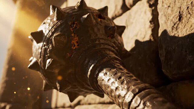 Medieval spiked mace against stone wall 3D render