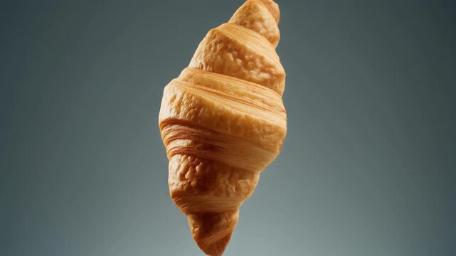 A golden croissant spinning in mid-air against a gradient gray background