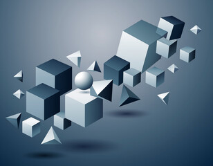 Abstract geometric 3D shapes, cubes and pyramids, floating in a gradient blue background creating a modern architectural concept