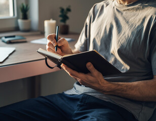 Close-up of a person diligently writing in a classic notebook, capturing ideas and reflections in a serene, sunlit indoor setting, emphasizing personal development and creative thinking