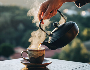 Savor the comforting warmth of a morning ritual as a hand carefully pours steaming hot tea from a traditional kettle into a rustic cup, creating a moment of serene relaxation
