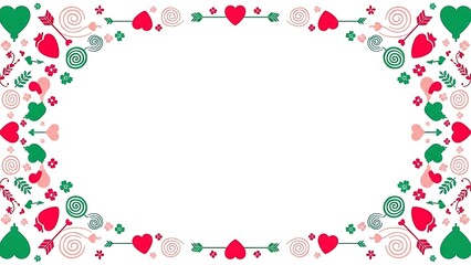 A vibrant illustration of a festive frame with hearts, leaves, and flowers on a white background from a direct viewpoint