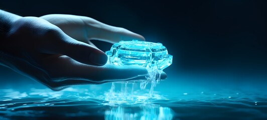 a hand wearing and aquamarine ring and holding an aquamarine stone out of the water,generative AI