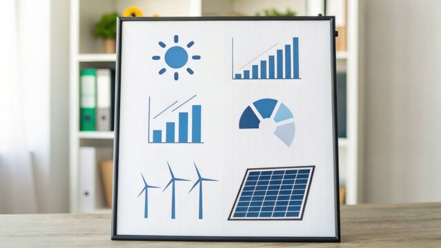 A graphic display featuring energy-related icons including solar panels, wind turbines, and data charts. - Powered by Adobe