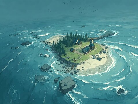An overhead perspective of a remote island caught between calm land and encroaching storm-driven waters