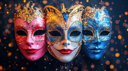 Three ornate Venetian masquerade masks in pink, gold, and blue.