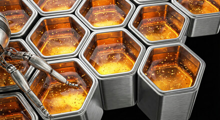 High-tech hexagonal honeycomb structure with glowing gold circuits and digital data flow.