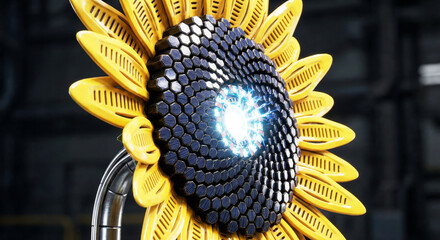 Mechanical sunflower with solar panel petals and glowing core in industrial workshop, renewable energy concept