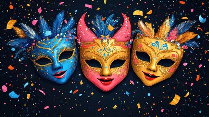 Three ornate Venetian masks with confetti.