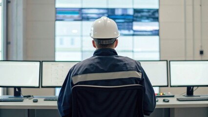A worker in a hard hat sits at a control desk with multiple screens, monitoring operations in a modern industrial setting.