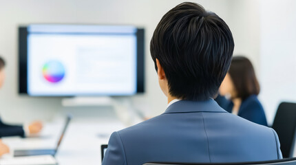 Rear View of Japanese Business Professional Reviewing Data in Meeting