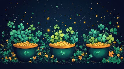 Three pots of gold coins and shamrocks on dark background.