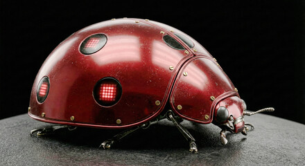 Futuristic robotic ladybug with glowing red LED spots and black metallic armor.