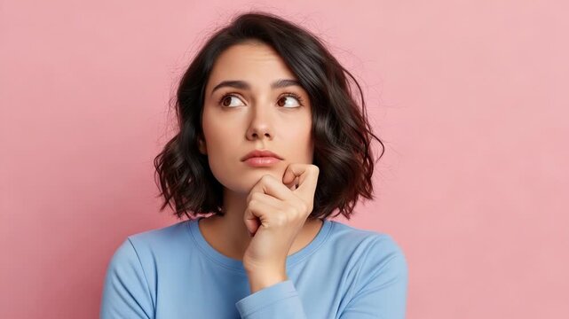 Thoughtful woman with a questioning expression on a pink background