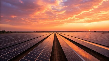 Obraz premium A stunning sunset over a vast solar panel field, showcasing renewable energy's potential and the beauty of nature.
