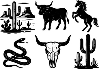 Western Desert Linocut Print Set &ndash; Boho Cactus, Canyon Wildlife & Rodeo Icons