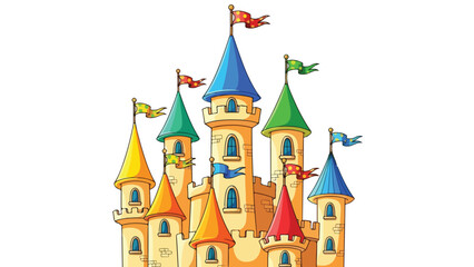 Fototapeta premium Colorful illustration of a fantasy castle with multiple towers and flags on a white background.