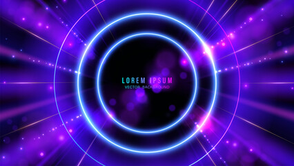 Abstract neon blue and purple circle background. Futuristic glowing rings with bokeh light effects and radial beams