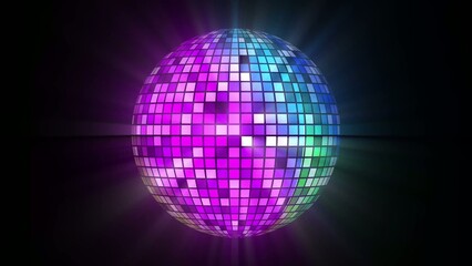 Obraz premium A colorful disco ball shining brightly in a dark room with vibrant purple, blue, and pink lights reflecting off its mirrored surface.