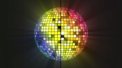 Obraz premium A colorful disco ball spinning in a dark room with vibrant lights reflecting off its surface