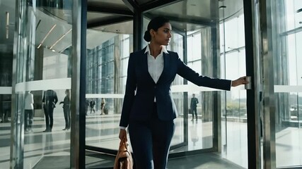 A confident and determined professional businesswoman in a stylish suit walks through a modern glass revolving door, entering a bright corporate office building lobby with a briefcase in hand, ready .