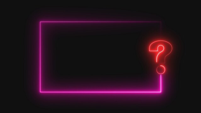 A neon pink rectangle with a red question mark on a black background