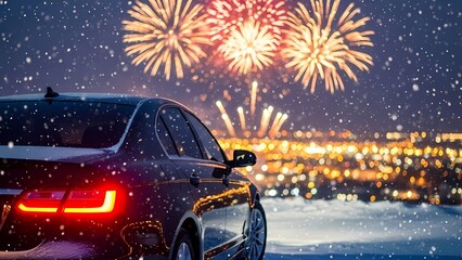 Car on snowy road at night with fireworks.