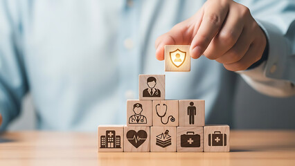 Building a successful team concept with wooden blocks featuring diverse people and business icons