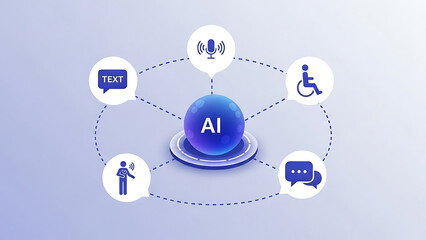 Artificial intelligence network connecting various accessibility icons illustrating inclusive technology and digital solutions