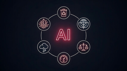 Futuristic neon circle with mystical symbols and glowing central artificial intelligence interface