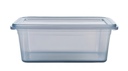 Clear rectangular plastic food storage container with a secure sealing lid isolated on a black background for kitchen organization purposes