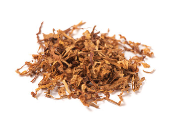 dried finely crushed tobacco leaves isolated on white background