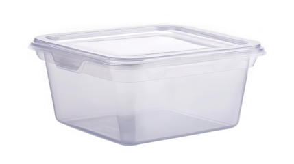 Clear square plastic food storage container with transparent snap-on lid photographed in isolation against a stark black background perfect for kitchen use.