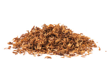 dried finely crushed tobacco leaves isolated on white background