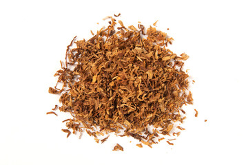 dried finely crushed tobacco leaves isolated on white background