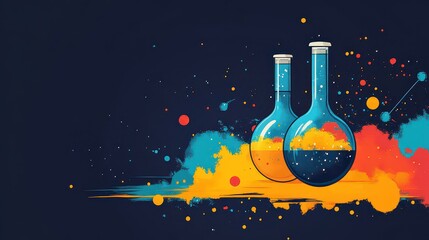 Two beakers with colorful liquid, abstract background.