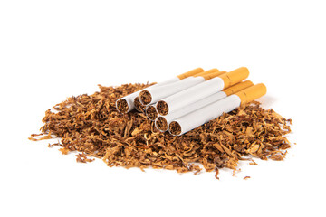 dried tobacco leaves with cigarettes isolated on white background