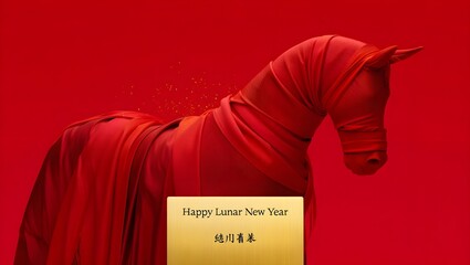 Majestic Horse Imagery for Happy Lunar New Year 2026 on Vibrant Red Background with Traditional Motifs (JPEG)
