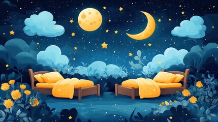 Two beds in a magical night garden scene under a full moon and crescent moon.