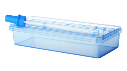 Transparent blue laboratory sample container featuring a long thin tube sealed with a bright blue threaded cap ready for medical testing or storage.