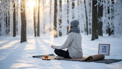 Woman Meditating in Snowy Forest Serenity.