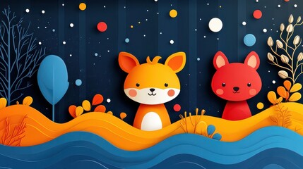 Two cute foxes in autumnal paper cut scene.