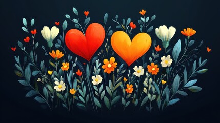 Two hearts amidst blooming flowers.