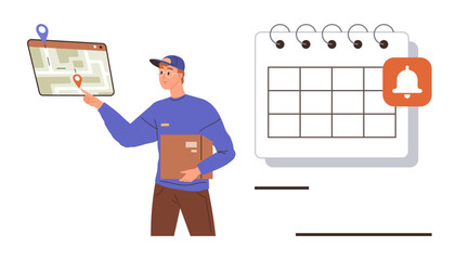 Courier holding a package, interacting with location map and calendar setup with reminder alert. Ideal for logistics, delivery tracking, scheduling, time management, reminders, planning, simple flat