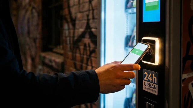  Instant payment NFC concept.
Urban Convenience Instant NFC Payment Technology with Smartphone at Vending Machine for Modern Transactions