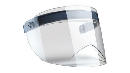 Transparent protective face shield featuring a clear plastic visor and adjustable light blue mounting hardware isolated on a black background ready for use.