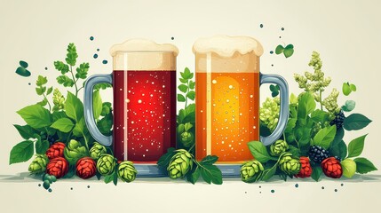 Two mugs of beer with hops and berries. (1)